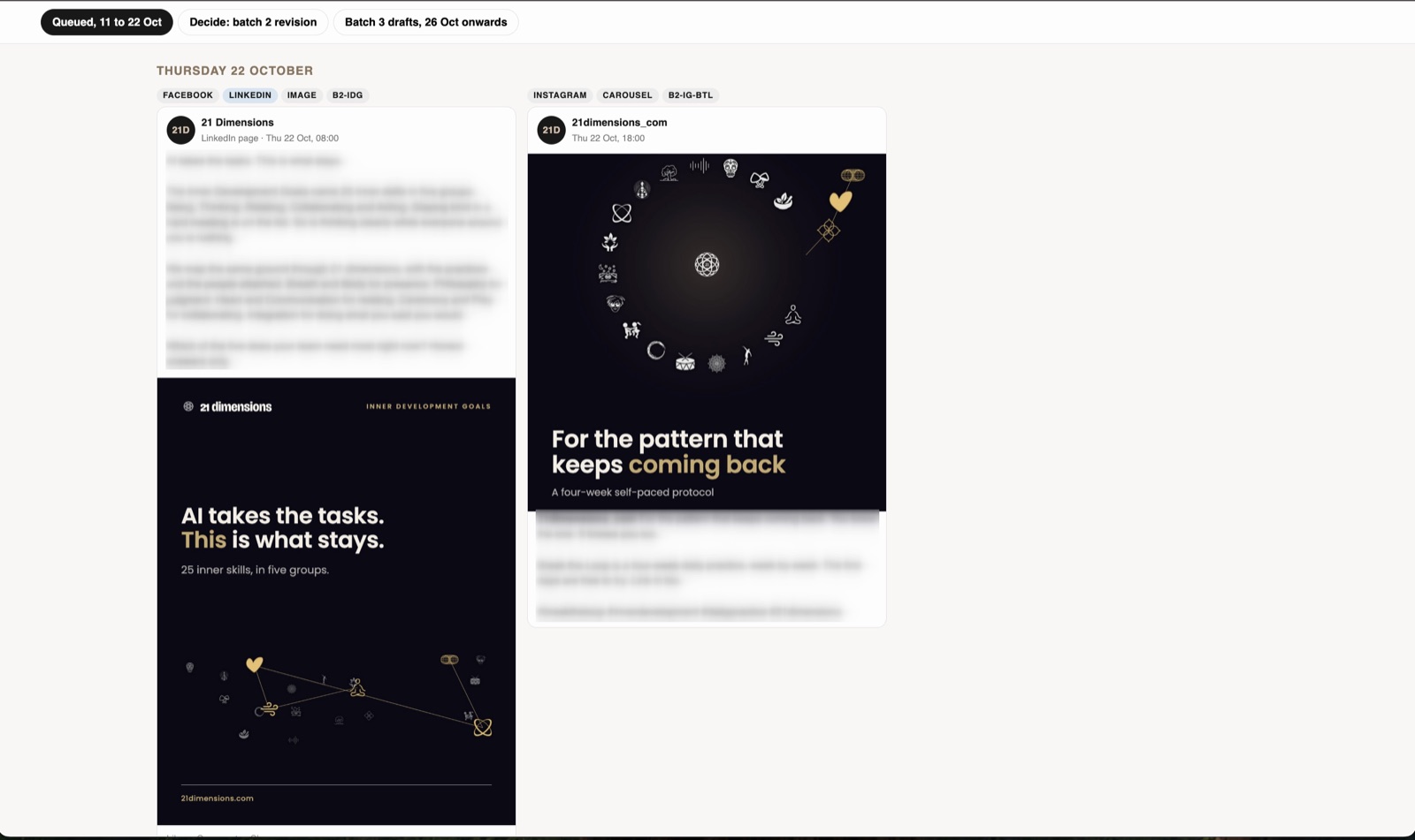 Förhandsvisning av planerade inlägg för LinkedIn och Instagram med kanal, tid och bild. Texten är suddad